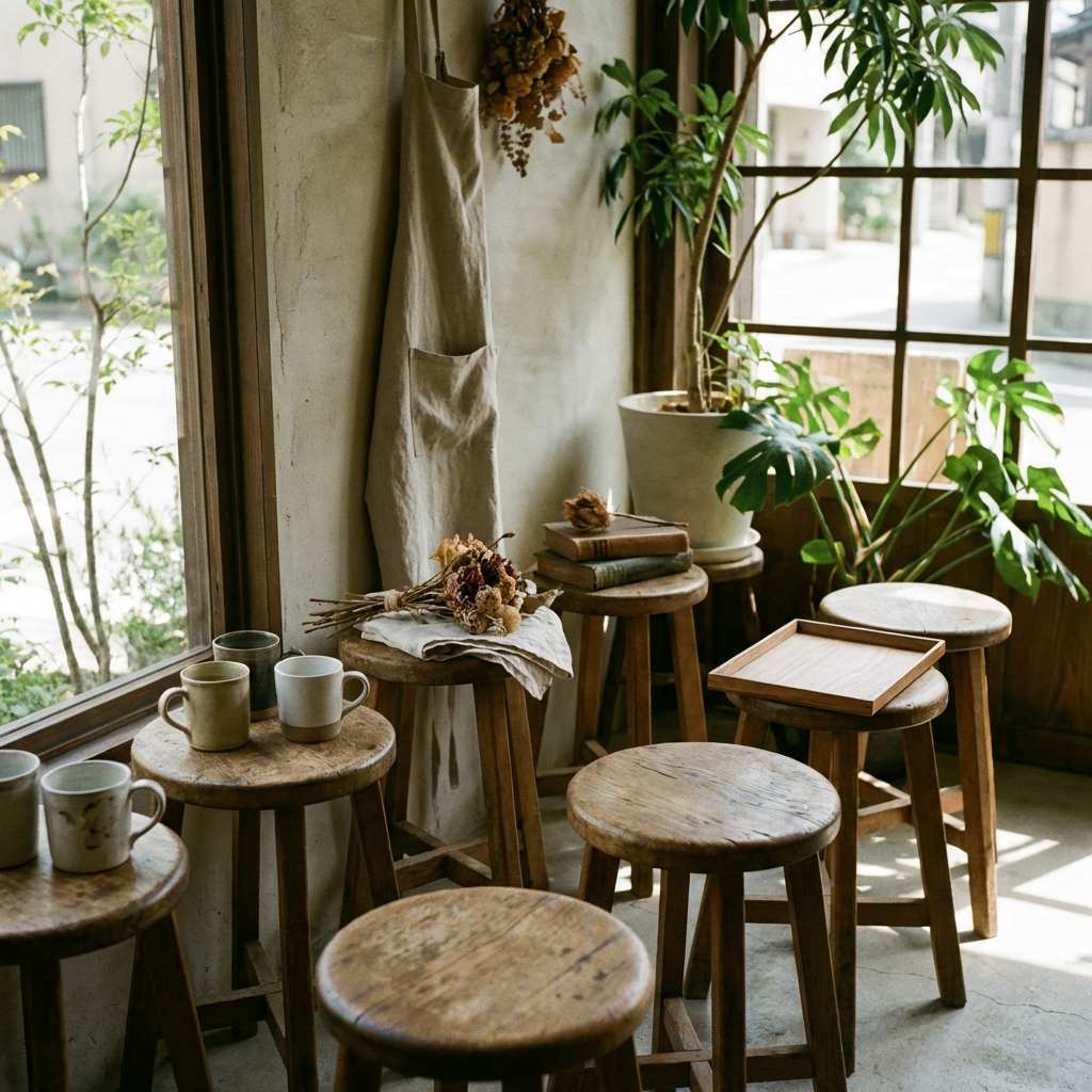 木製スツールと小物のイメージ