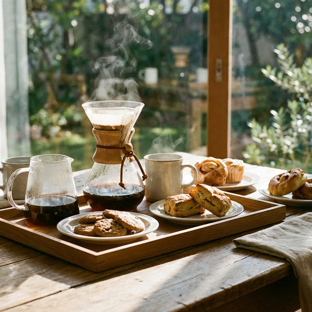 コーヒーと焼き菓子が並ぶテーブルのイメージ